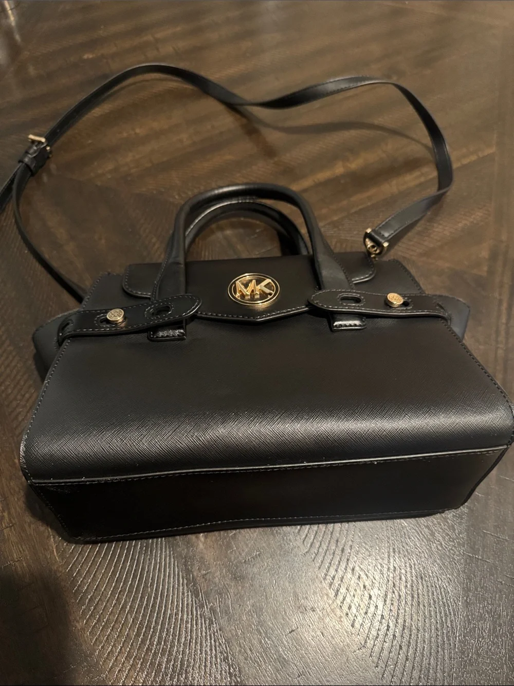 Michael Kors Black Leather Medium Satchel with Gold MK Accent